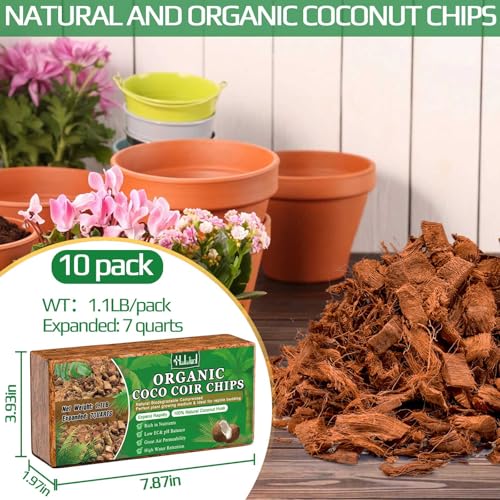 Halatool 10 Pcs Coco Husk Chips for Plants - 11 LB 100% Organic Coconut Coir Chips with Low EC and pH Balanced, Compressed Coco Substrate Growing Mulch Medium for Landscaping, Herbs, Plants, Flowers - color: 10pcs