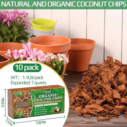 Halatool 10 Pcs Coco Husk Chips for Plants - 11 LB 100% Organic Coconut Coir Chips with Low EC and pH Balanced, Compressed Coco Substrate Growing Mulch Medium for Landscaping, Herbs, Plants, Flowers - color: 10pcs