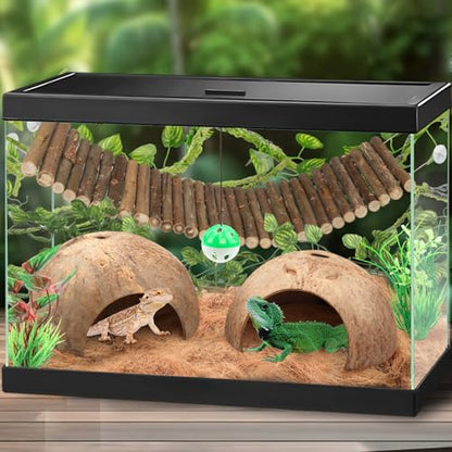 QUOZUO Crested Gecko Tank Accessories, Reptile Climbing Vines Hanging Plants with Coconut Shells Bridge Hideout Hermit Crab Decor for Bearded Dragon Lizard Chameleon Gecko Turtle Snake