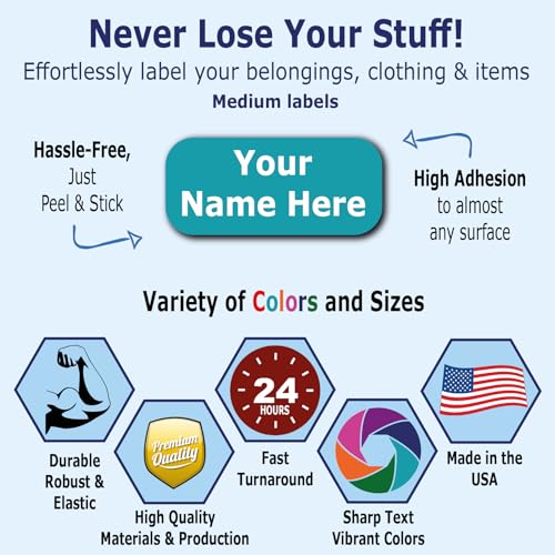 75 Personalized Waterproof Name Labels. Press and Stick Multi use Custom Name Labels. Customized 2 Lines of Text and Color. ID Identification Name Stickers with Permanent Self Adhesive. - color: 75 Medium Labels - Colored Background