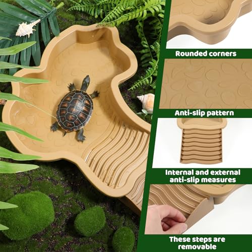 Large Reptile Water Bowl with Ramp, Thickened Non-Slip Feeding Dish & Bathing Pool for Turtle, Snake, Gecko, Bearded Dragons, Lizard Habitat Accessories