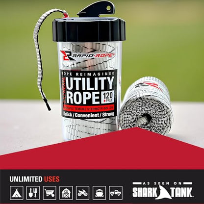 Rapid Rope Canister, 120ft White Tactical Paracord, 1100lb Test, USA Made | Heavy Duty Poly Rope Test Cord, Non-Tangle Dispenser Included, For Hiking, Camping, Survival, Utility, Stocking Stuffer, Gift - size: 120ft, style: White