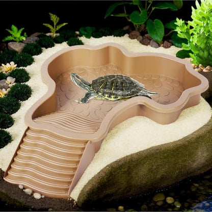 Reptile Bathing Pool Large, Tortoise Water Dish with Ramp, Aquarium Ornament, Reptile Feeding Dish Water Bowl, Lightweight Basin, Easy Clean Design, for Gecko, Turtle, Bearded Dragon - color: Brown