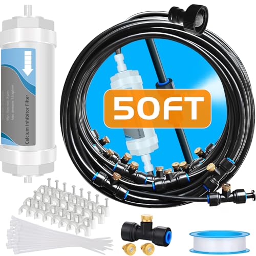 Misting System with Water Filter - Upgraded Signice 50 Ft (15.3M) Line & 12 Brass Mist Nozzles Outdoor Misters for Patio Cooling Mister Systems Kit for Outside Garden Backyard Greenhouse (Black) - size: 50 Ft