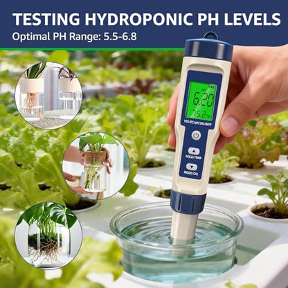 Pool Salt Tester & PH Meter - 5-in-1 Digital TDS Meter for Salinity PH Temp and EC, 0.01 High Accuracy, Swimming Pool, Hydroponics, Aquarium, Hot Tub, PPM Meter for Pool, Drinking Water, Wine