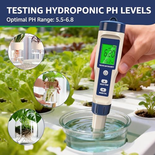 Pool Salt Tester & PH Meter - 5-in-1 Digital TDS Meter for Salinity PH Temp and EC, 0.01 High Accuracy, Swimming Pool, Hydroponics, Aquarium, Hot Tub, PPM Meter for Pool, Drinking Water, Wine, Food