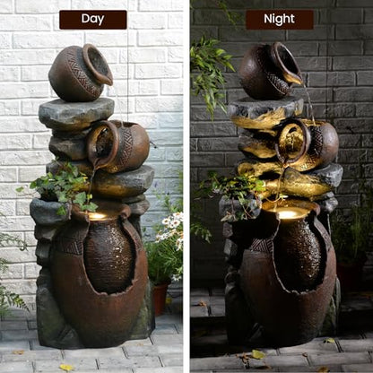 Rustic Jar Outdoor Water Fountain with Planter 38.5" Large Tiered Waterfall with Warm LED Lights, Handcrafted Resin Fountain for Zen Garden, Deck & Indoor Home Decor