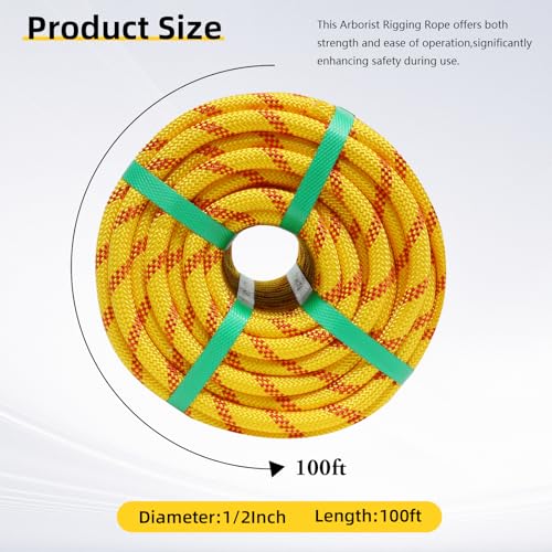 Arborist Rope, 1/2 Inch x 100 Feet Double Braided Climbing Rope Polyester for Outdoor, Climbing, Hiking, Swing, Tree Work, Halyard, Sailing etc(Yellow) - size: 1/2 Inch 100FT Yellow