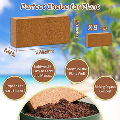 Riare 8pcs Organic Coco Coir Bricks, Natural Coconut Coir for Plants | High Expansion & Moisture Retention Coconut Husk Fiber for Seed Starting, Potting Mix, Composting, Soil Amendment & Reptiles - color: Pack of 8