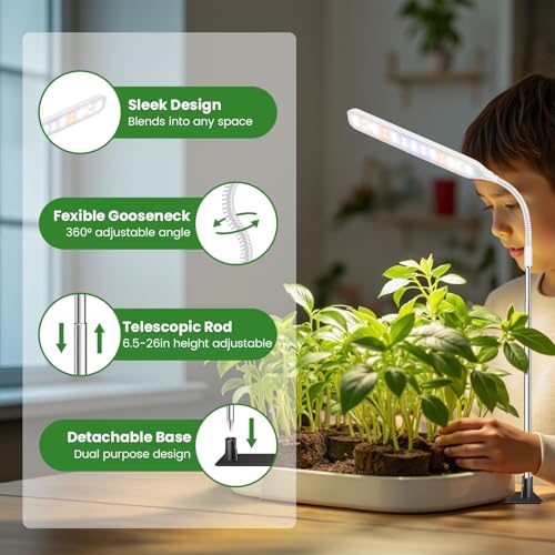 Small Grow Lights for Indoor Plants with Base, Full Spectrum | 52 Red/Blue/White LEDs, Gooseneck, 6.5-26in Height, Timer & Dimming, with Base or Stake, for Small Plants, White, 1 Pack - size: 1 Pack