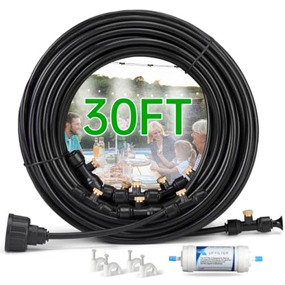 Funpynani 30FT Outdoor Misting Cooling System‌ - Patio Garden Kit with ‌Brass Nozzles & UV Tubing‌, DIY Install for ‌Pool, BBQ, Greenhouse‌, Water-Saving High Pressure Cooler - size: 30FT