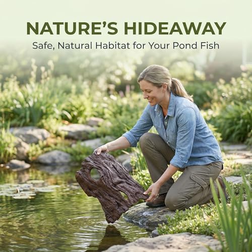 Driftwood Koi Sanctuary, Outdoor Pond Fish Refuge with Weighted Base, Natural Looking Hiding Shelter to Protect Goldfish and Koi from Herons - color: Imitation Wood, size: Large