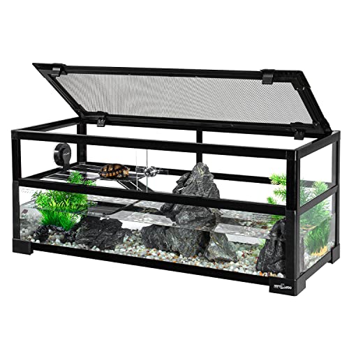 REPTIZOO 18 Gallon Turtle Tank Aquarium, 30"×12"×12" Tortoise Habitat Water-Land Ecological Turtle Tank with Drainage System Aquatic Aquarium - size: 30"×12"×12"