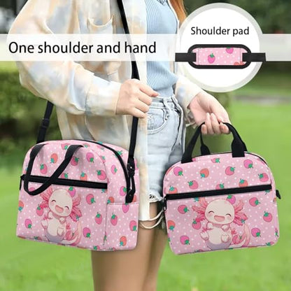 Axolotl Kids Lunch Box Girls Strawberry Lunch Bag Reptiles Insulated Lunch Bag Outdoor Pink Picnic Lunch Boxes Camping Cute Lunchbox for School Lunchbag - color: Axolotl Strawberry