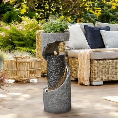 Tankana 35.5" H Water Fountain with Planter, Modern Spiral Waterfall for Outdoor and Indoor, Bubbling Garden Fountain with LED Light for Patio, Deck, and Living Room Corner