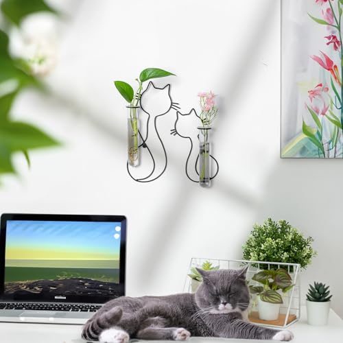Metal Wall Propagation Station with Glass Tubes, Cat Wall Design | Removable Glass Tubes for Pothos, Plant Cuttings, Herbs, Air Plants and Single Flowers