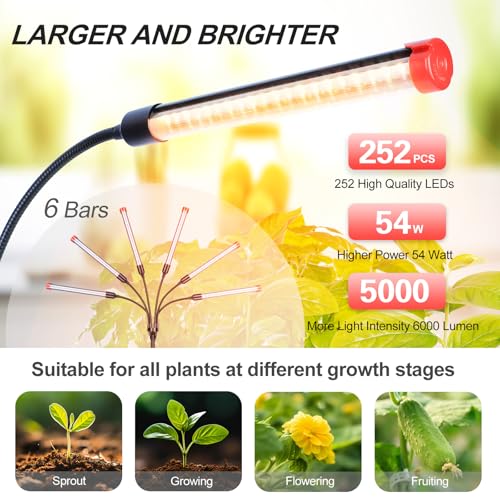 FECiDA 2026 6Head Table Top Grow Lights for Seed Starting, Indoor Plants, Bonsai, 54 Watt Power Draw, NO Need Adapter, 4/8/12/16/20H Timer, 16"-24" Height Adjustable, Big Coverage - size: Desk-6Head-54W