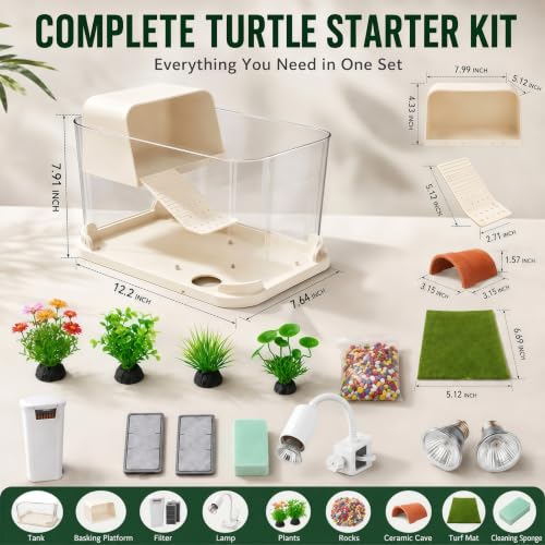 Baby Turtle Tank Starter Kit with UVA/UVB Lamp and Water Filter | Clear PC habitat with cream-white base, textured climbing ramp, ceramic hideout, four plants, grass mat and cleaning sponge