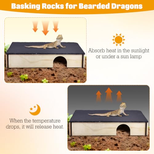 PINVNBY Large Bearded Dragon Basking Platform, Wooden Snake Hide, Ball Pythons Hide with Slate Rock, Leopard Gecko Tank Accessories for Crested Gecko Chameleon Turtles (XL: 15.7x9.84x2.76 inches) - size: XL: 15.7x9.84x2.76 inches