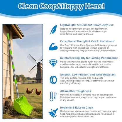 12" 2-in-1 Chicken Poop Scooper & Rake (US Patent No. D1124534), 3-Shape Sifting Holes Chicken Coop Rake, Stainless Steel Handle (20–61") - Litter Scoop Sand & Sifting Shovel (Green) - color: Green