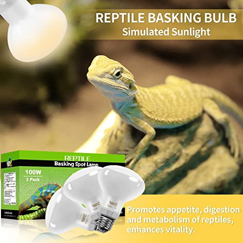 LUCKY HERP New Upgrade 3 Pack 100W Reptile Heat Lamp Bulb (3nd Gen, Safer), Amphibian UVA Heat Light Bulb, Reptile Basking Daylight Spot Lamp Bulb for Bearded Dragon, Lizard, Tortoise Heating Use - size: 100*3