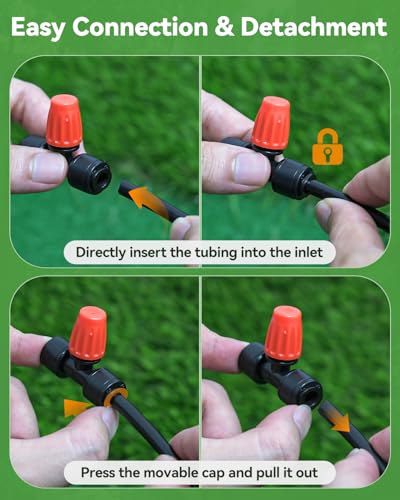 Pawfly 30 Pcs Push-to-Fit Drip Irrigation Spray Emitters for 1/4 Inch Tubing, Tee Misting Atomizing Nozzles Micro Sprayers with Adjustable 360 Degree Water Flow, Irrigation Drippers with End Plugs - size: 30pcs Three-Way Integrated Atomizing Nozzle