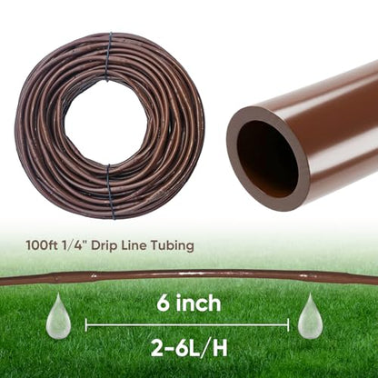 100FT 1/4" Irrigation Dripline Tubing with 6" Emitter Spacing for Gardens | Pre-Installed Emitters at Close Intervals Save Setup Time, Even Distribution for Flower Beds, Works with Most Drip Systems