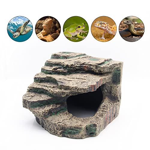 Turtle Basking Platform with Hiding Cave Reptile Dock Ramp Resin Aquarium | Tortoise Ramp Climbing Ornament 7.48×7.08 Inch for Fish Tank Terrarium, for Lizards Frogs Snakes Chameleon Gecko