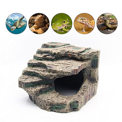 Turtle Basking Platform with Hiding Cave Reptile Dock Ramp Resin Aquarium | Tortoise Ramp Climbing Ornament 7.48×7.08 Inch for Fish Tank Terrarium, for Lizards Frogs Snakes Chameleon Gecko