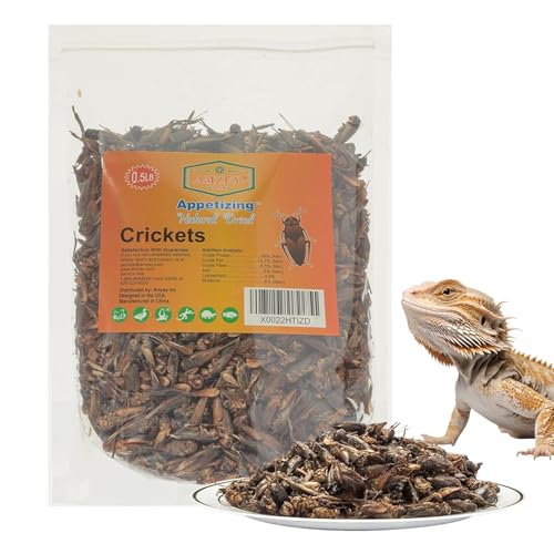 Amzey Appetizing Mealworms Natural Dried Crickets - Food for Bearded Dragons, Wild Birds, Chickens, Fish - (8 oz Resealable Bag) - Veterinary Certified
