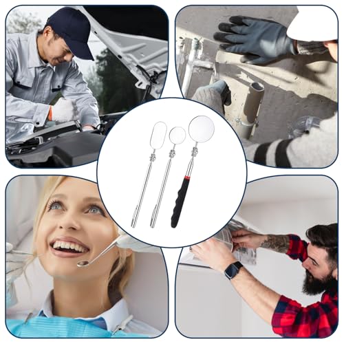 3 Pcs Stainless Steel Extendable Mechanic Mirror, Telescoping Inspection Mirror with Rotating Head, Round Mirrors on a Stick, Mechanical Mirrors Tool with Long Handle and Clip-On Design for Mechanics