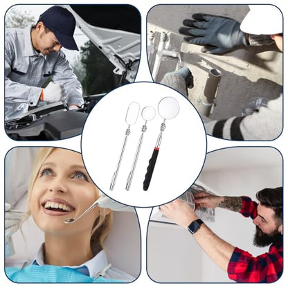 3 Pcs Stainless Steel Extendable Mechanic Mirror, Telescoping Inspection Mirror with Rotating Head, Round Mirrors on a Stick, Mechanical Mirrors Tool with Long Handle and Clip-On Design for Mechanics
