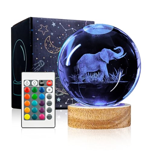 3D Elephant Crystal Ball Night Light with Woodern Base, 3.15" Elephant Figurines Glass Lamp with 16 Colors Cool Desk Decor Elephant Gifts for Women Kids Friends Adults - color: Elephant