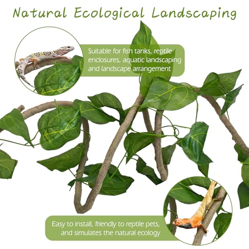 kathson Bearded Dragon Hammock Reptile Hideout Wooden Bridge Jungle Climber Vines Flexible Reptile Leaves with Suction Cups Reptile Habitat Decor for Chameleon, Lizards, Gecko, Snakes Climbing Hiding