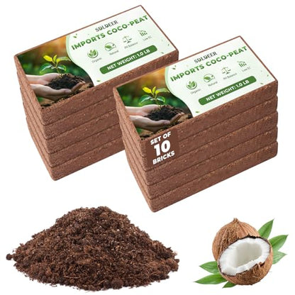 Coco Coir Bricks - Compressed Coconut Fiber Substrate for Plants, Gardening, Potting Mix. Low EC & Balanced pH Natural Growth Medium for Seed Starting, Herbs, and Gardening (10 PCS) - size: 10 PCS