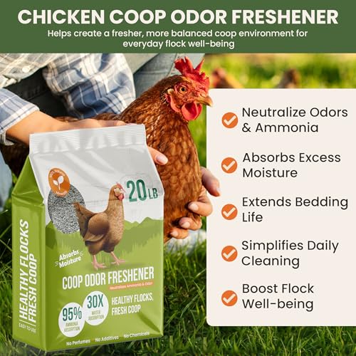 Chicken Coop Refresher - 20 Pounds: All-Natural Odor Eliminator, Moisture Absorber, and Ammonia Neutralizer - Deodorizer,Chicken Coop Accessories for Chickens Run- Remove Smell of Chicken Coops | Ammonia Neutralizer Zeolite Deodorizer Chicken Coop Accesso