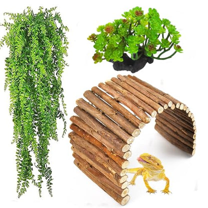 3 PCS Bearded Dragon Tank Accessories, Reptile Hideout Wooden Bridge Hanging Plant Artificial Succulent Plants Terrarium Decor Hiding Climbing for Chameleon Gecko Lizard Snakes Frog