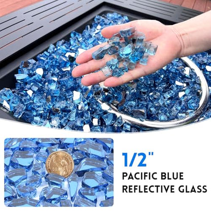10 Pounds Fire Glass 1/2 Inch High Reflective Tempered Firepit Glass | Pacific Blue Rocks for Fireplace, Fire Pit Table, Fire Bowl and Landscaping & DIY Crafts - color: Pacific Blue, size: 1/2 inch, 10lb