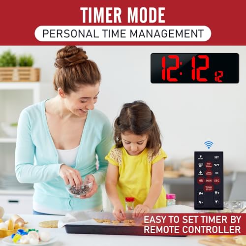 16.5 Digital Wall Clock Large Display, LED Wall Clock with Date and Temperature,Count Up/Down Timer Clock with Remote Control, Adjustable Brightness Alarm Clock for Home, Office, Gym, Elderly - color: 17''-red-remote