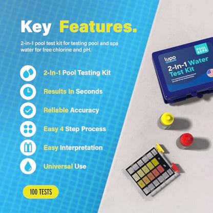 LUPO 2-In-1 Pool Test Kit | Pool Testing Kit For Residential Swimming Pools & Spas For Testing Free Chlorine & pH | Pool Chemical Test For Quick & Accurate At-Home Pool Water Testing