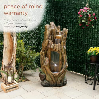 Alpine Corporation TZL338 Outdoor 3 Tier Waterfall Tree Trunk Floor Fountain with LED Lights for Patio, and Lawn Decor, 59 Inches Tall - style: 3-Tier 59" H - Cool White LEDs