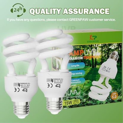 UVB Light for Reptiles 5.0: 15W UVA UVB Reptile Light Bulb 2 Pack, Tropical Reptile UVB Bulb Compact Fluorescent Terrarium Lamp,UVB Light Bulb for Chameleon Turtle Gecko Include UV Sensor Card - size: 5.5INCH-5.0