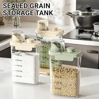 Air Tight Cereal Container Organizer-2PC 98.5oz Food Storage Container with Outlet Measuring Cup Lid, Ideal for Dry Food, Rice, Sugar, Pet Food dispenser - BPA free（Green） - color: Green-2.8L*2