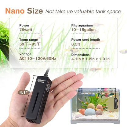 hygger Mini Fish Tank Submersible Heater 75W for 10-15 Gallons Small Betta Aquarium Heater with Digital Display Controller Adjustable Temperature - size: 75 Watt