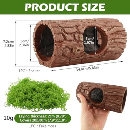 Realistic Tree Trunk Hideout with Artificial Moss, Resin Reptile Shelter for Crested Geckos, Tree Frogs & Aquarium Fish, 14.8x7.2cm Natural Decor for Terrariums(as Shown)