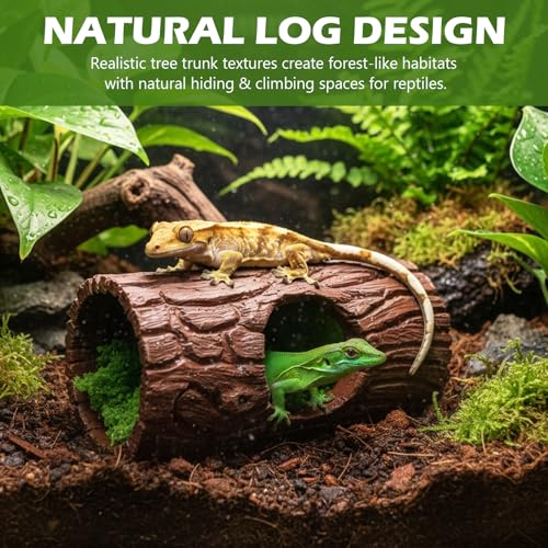 Reptile Hide Cave, Resin Hollow Tree Trunk Hideout with Faux Moss Set, Reptile & Amphibian Habitat Hideouts, for Arboreal Reptiles, Hermit Crabs, Leopard Gecko, Lizard Terrarium Decor