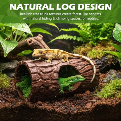 Reptile Hide Cave, Resin Hollow Tree Trunk Hideout with Faux Moss Set, Reptile & Amphibian Habitat Hideouts, for Arboreal Reptiles, Hermit Crabs, Leopard Gecko, Lizard Terrarium Decor