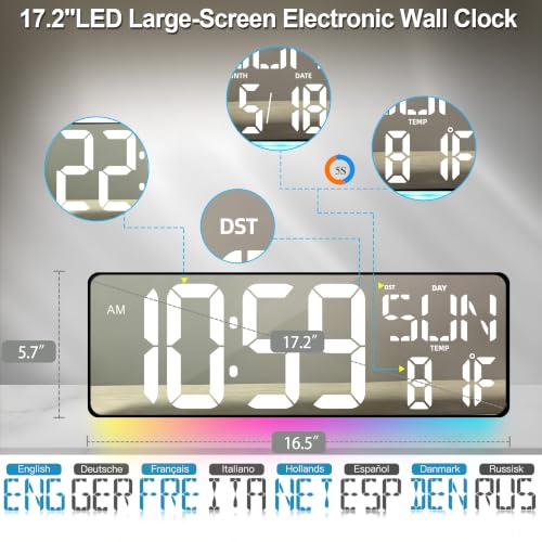 17.2-Inch Large Mirror Digital Wall Clock with Remote Control, RGB Mood Light, Extra-Large LED Display, Auto Dimming,Date, Day, Temp, Countdown Timer for Home, Gym, Office and Classroom (White) - color: White