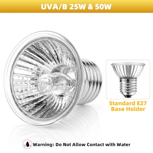 Reptile Heat Lamp with Timer & Hygrothermograph, Double-Head UVA UVB Reptile Light, Simulated Sunlight Basking Spot Lamp for Turtle, Lizard, Snake, Beared Dragon, Amphibians, 2 Bulbs 25W+50W
