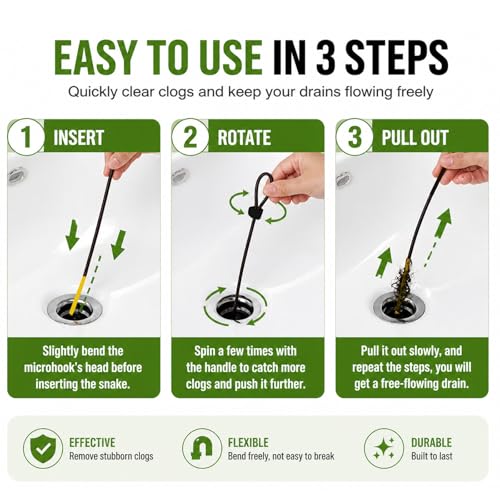 Drain Snake Hair Drain Clog Remover 35 Inch, 5 Pack Reusable Sink Snake Drain Hair Remover Tool, Anti-Break Metal Plumbing Snake Drain Cleaner for Bathroom, Bathtub, Shower, Kitchen Sink